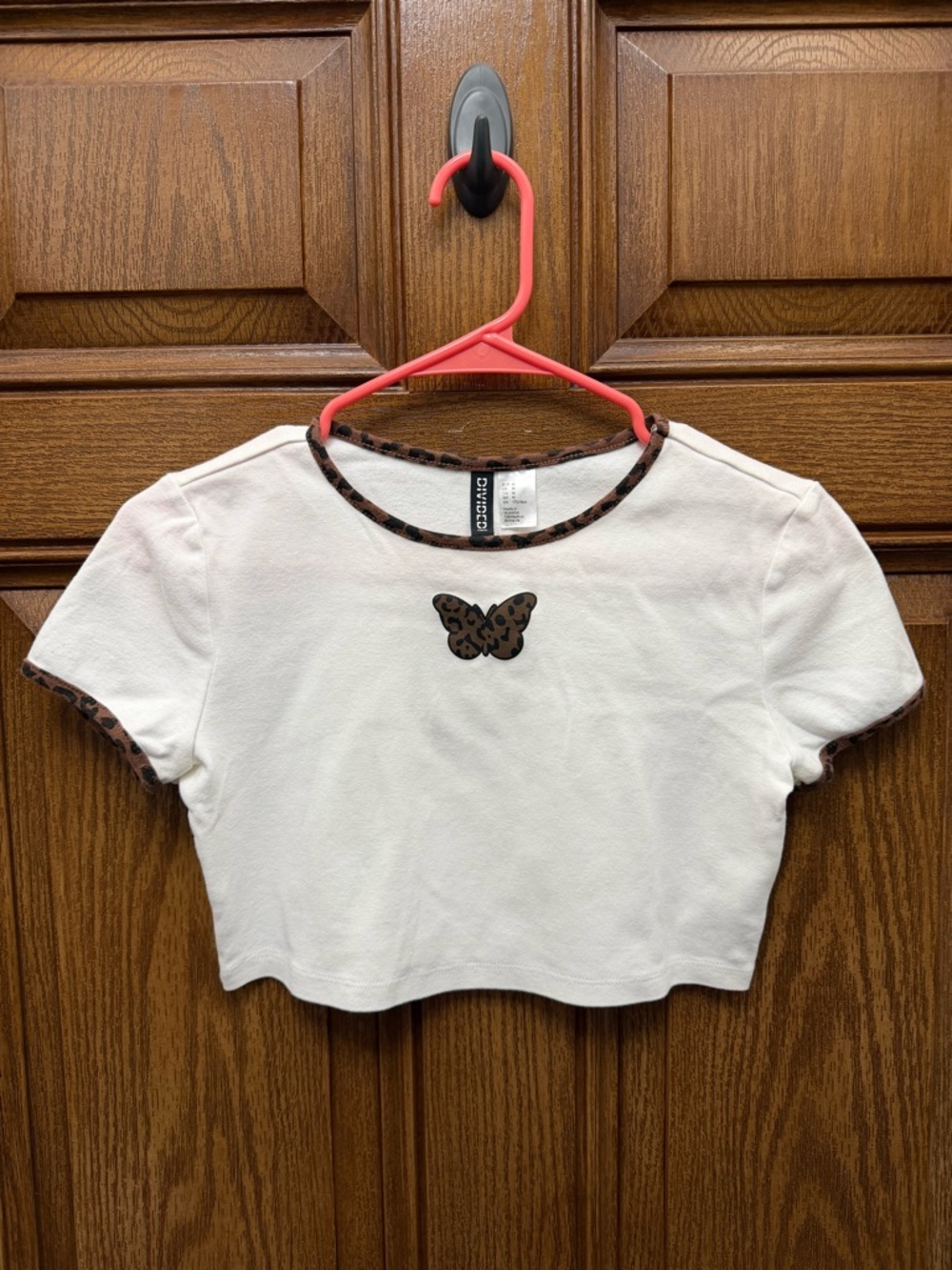 H&M White Crop Tee with Leopard Trim and Butterfly Detail